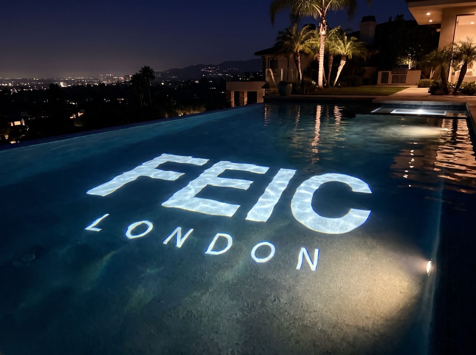 FEIC logo projected into a swimming pool at night