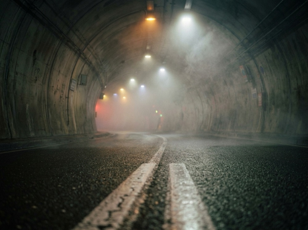 Reference still: a smoke-filled tunnel road with ceiling lights