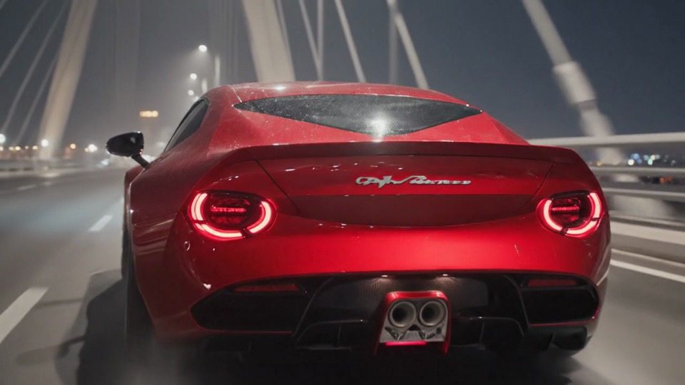 Veo 3.1 footage: a red sports car from behind on a bridge